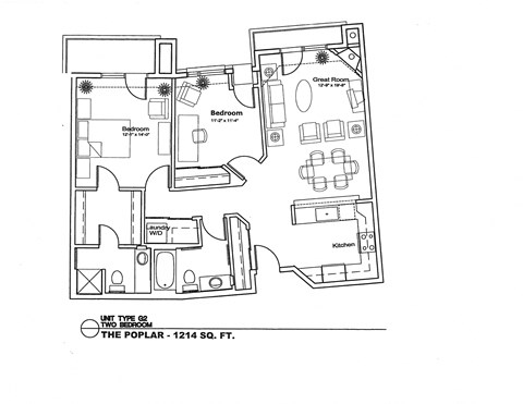 A black and white image of a floor plan for a two bedroom apartment.